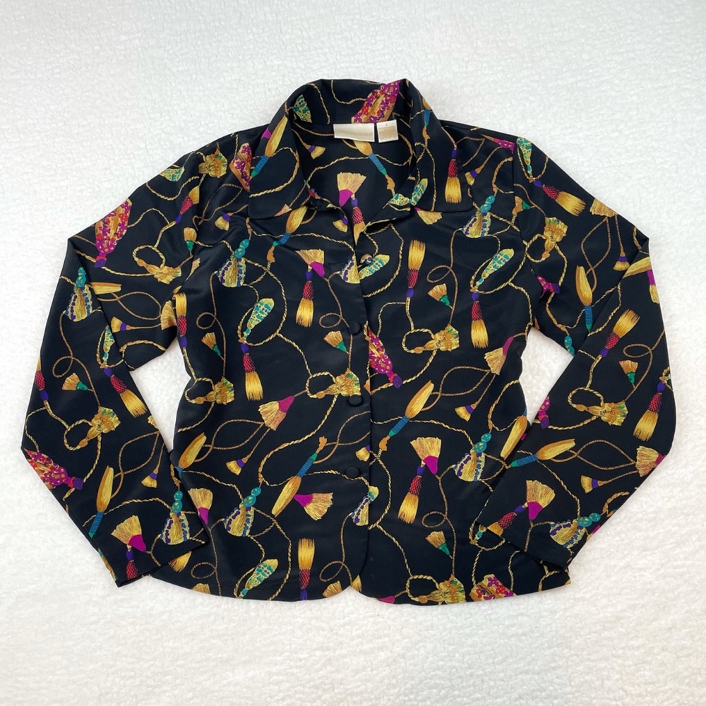 (VTG) CHRISTIE & JILL • Black Tassel Print Long Sleeve Blouse, 8 - Picture 9 of 15